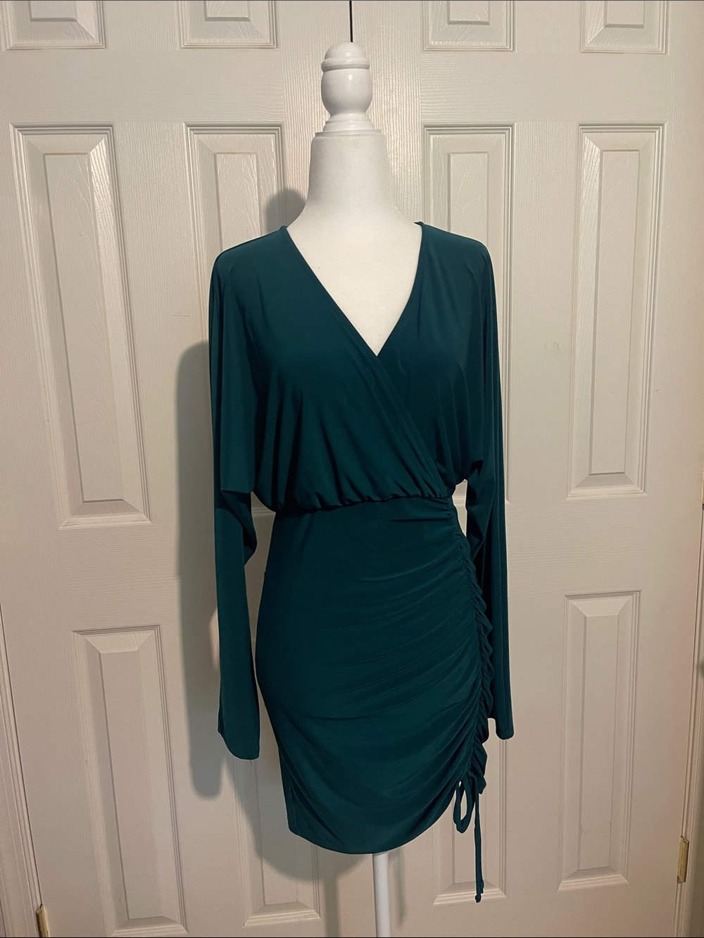 Blue Blush Teal Long-Sleeve Ruched Wrap-Style Dress